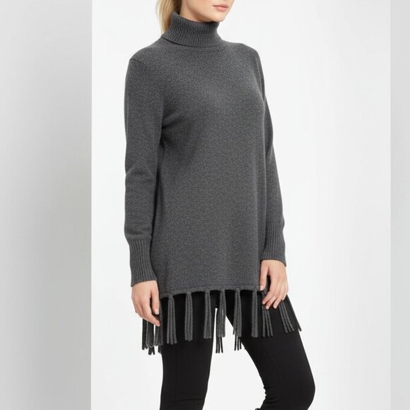 Neiman Marcus 100% Cashmere Fringe Hem Turtleneck Sweater | Gray | Women’s Small - Picture 1 of 6